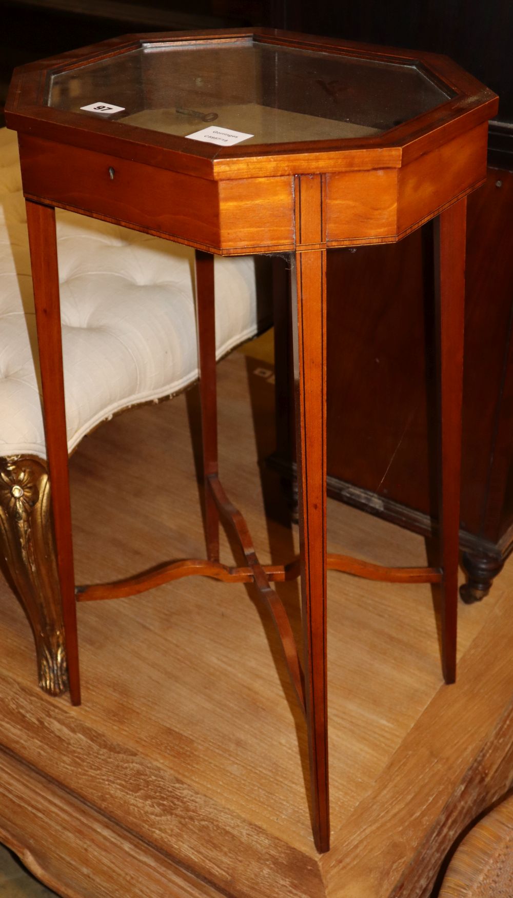 A late 19th century Sheraton revival satinwood bijouterie table, W.39cm, D.33cm, H.74cm